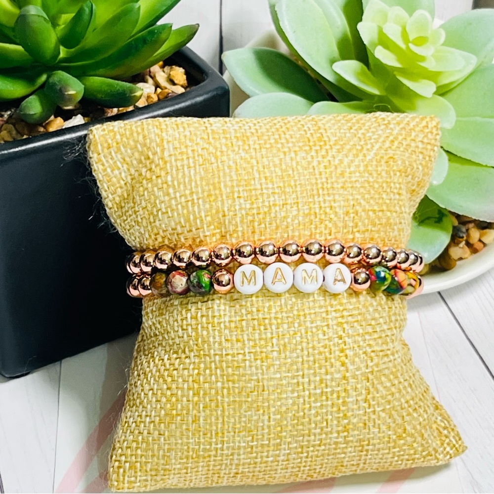 Mama Multicolored Sediment Jasper and Gold Beaded Bracelet Set